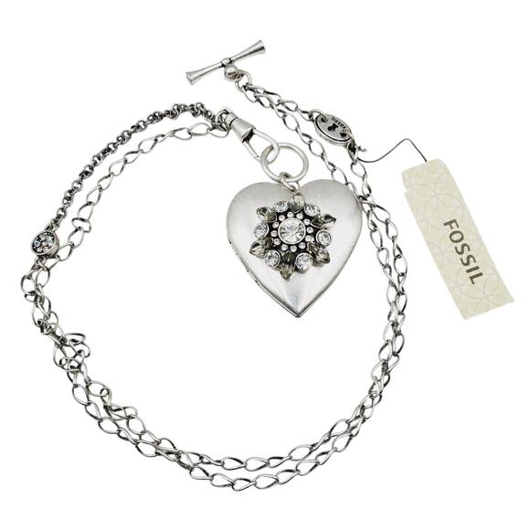 Fossil Crystal Heart Locket Silvertone Double Chain Toggle Necklace 14" NWT - Picture 1 of 6